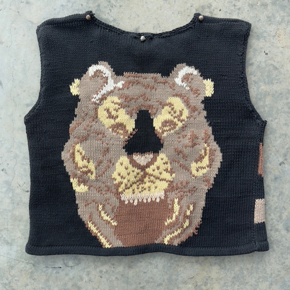 Kielo Dyson Tiger Hand Knit Sweater Vest Womens Small Black Peruvian Cotton Vtg